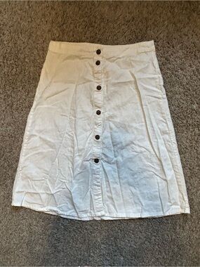 High-Waist Button-Front White Midi Skirt